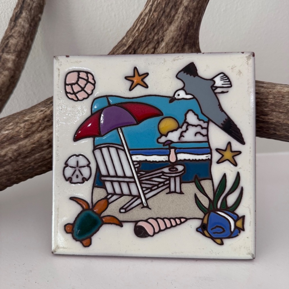 Masterworks Handcrafted Ceramic Tile Trivet Beach Scene Seagull Turtle USA 4.25"
